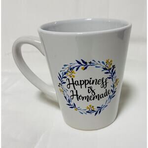 Coffee Mug Happiness is Homemade Yellow Flowers Blue Wreath Ceramic 11 oz NEW!